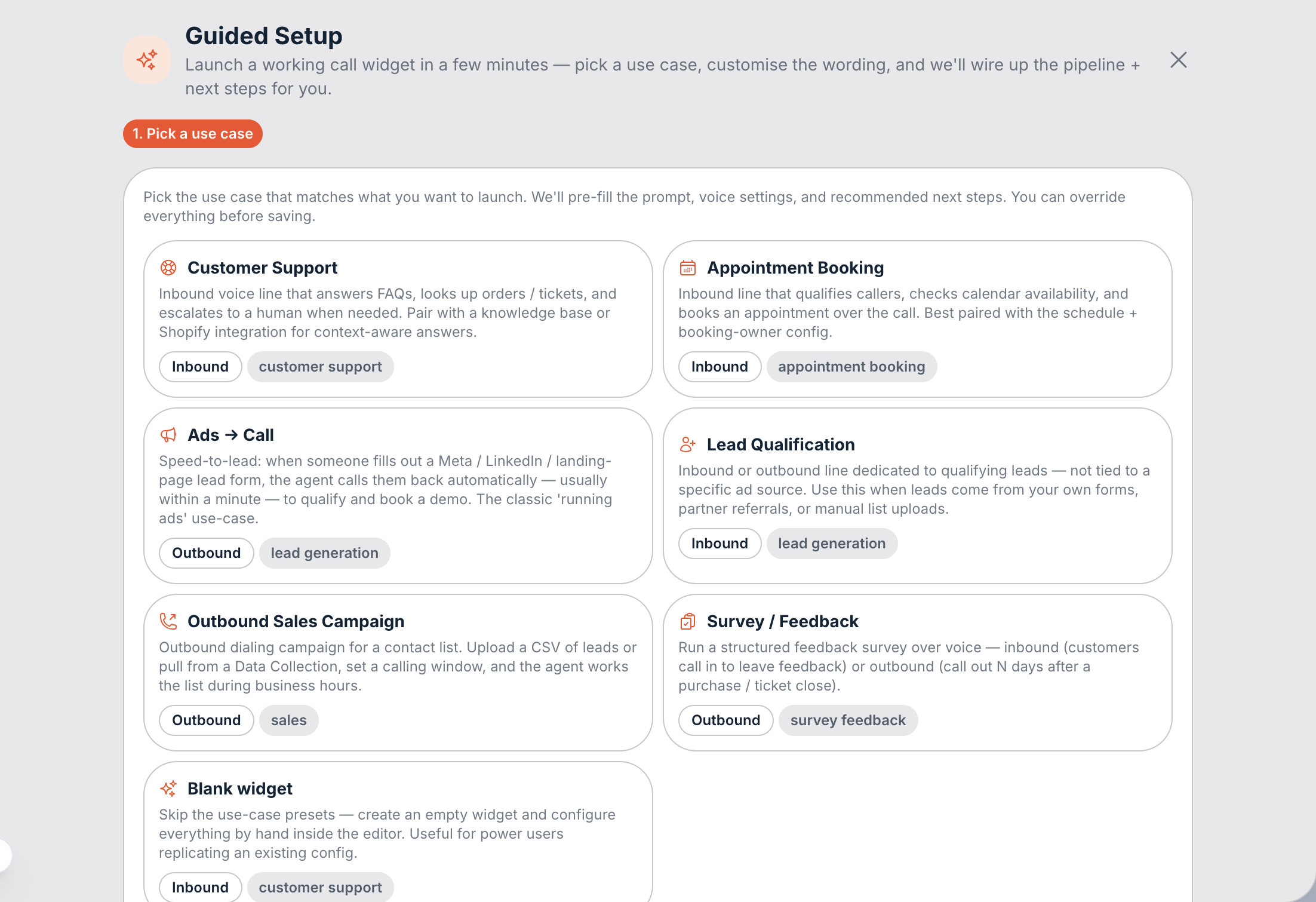Guided Setup opens on "Pick a use case". The blueprint pre-fills the prompt, voice settings, and recommended next steps.