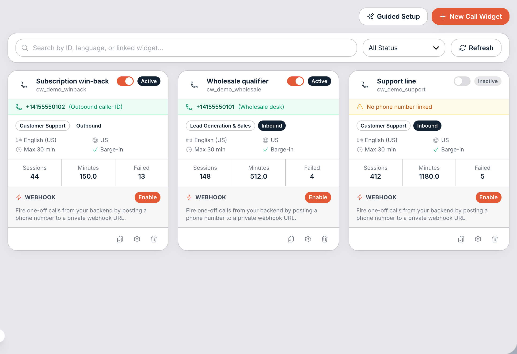 The finished agent on the Call Widgets page. The Active toggle stays locked until a phone number is linked.