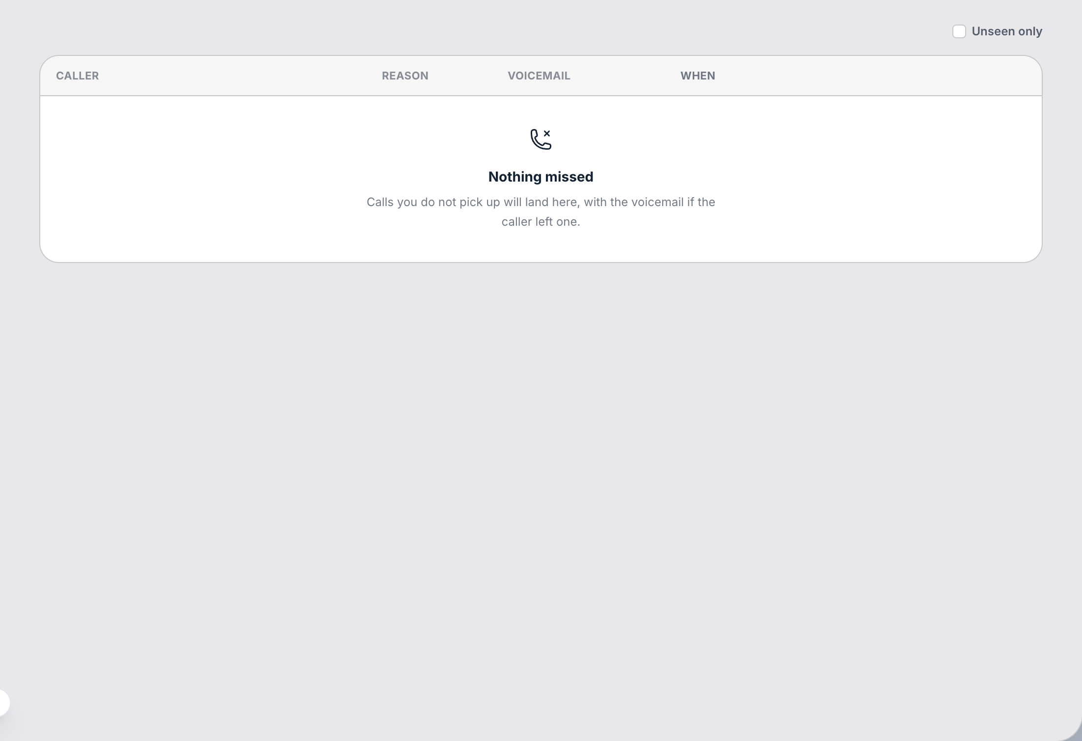 Call Centre → Missed.