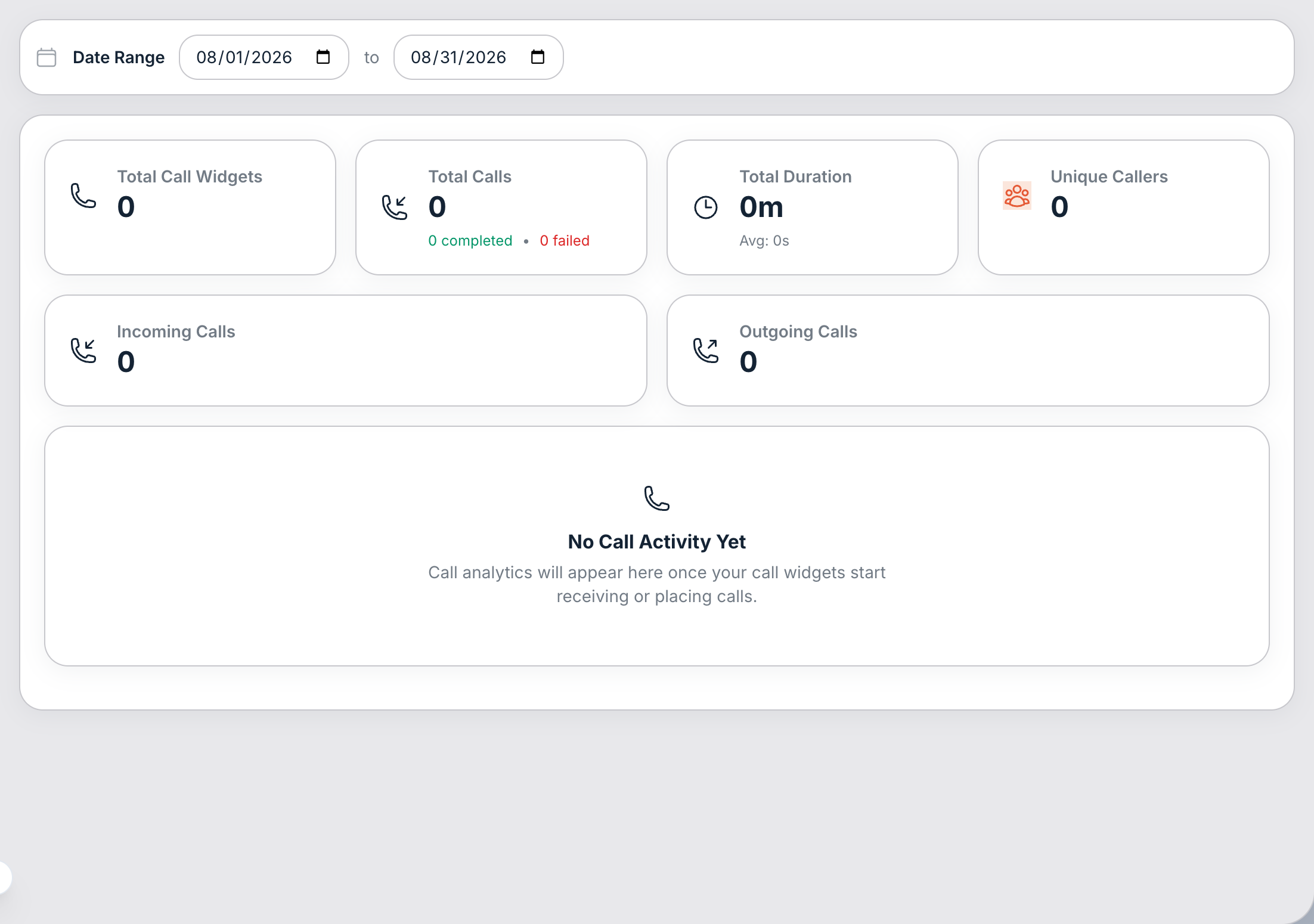 Calls Overview. Every call in the range, with status and sentiment breakdowns.