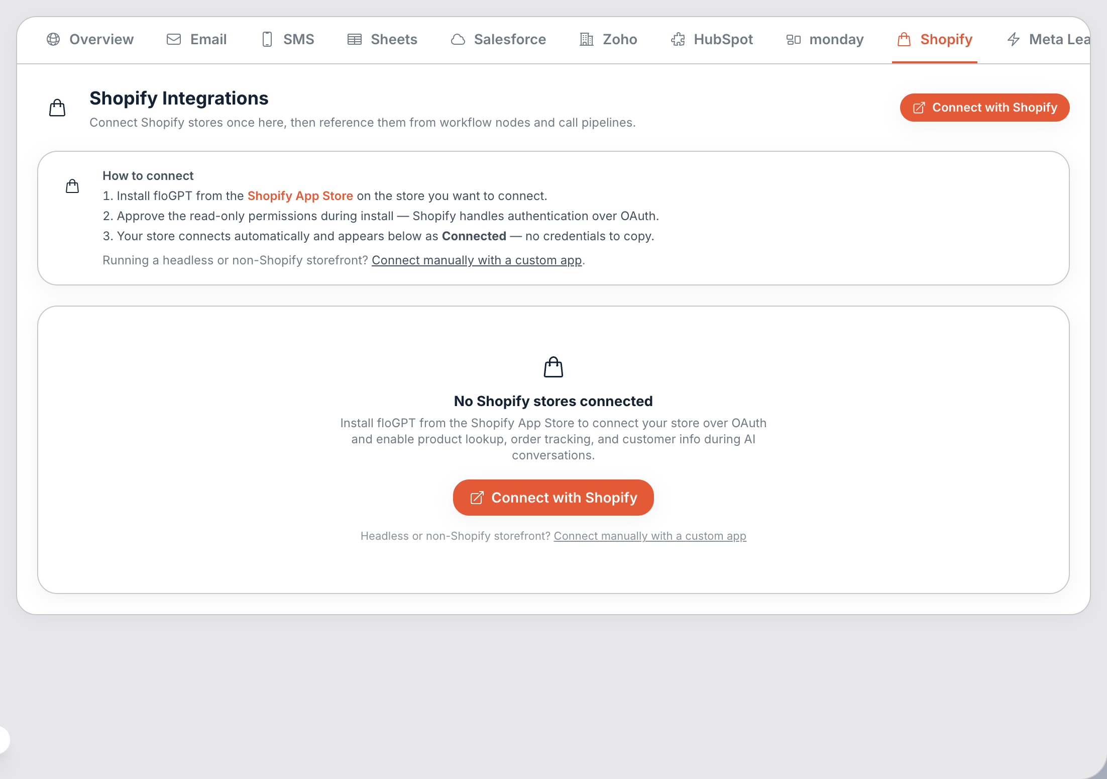 Shopify. Install from the App Store; the store connects over OAuth.