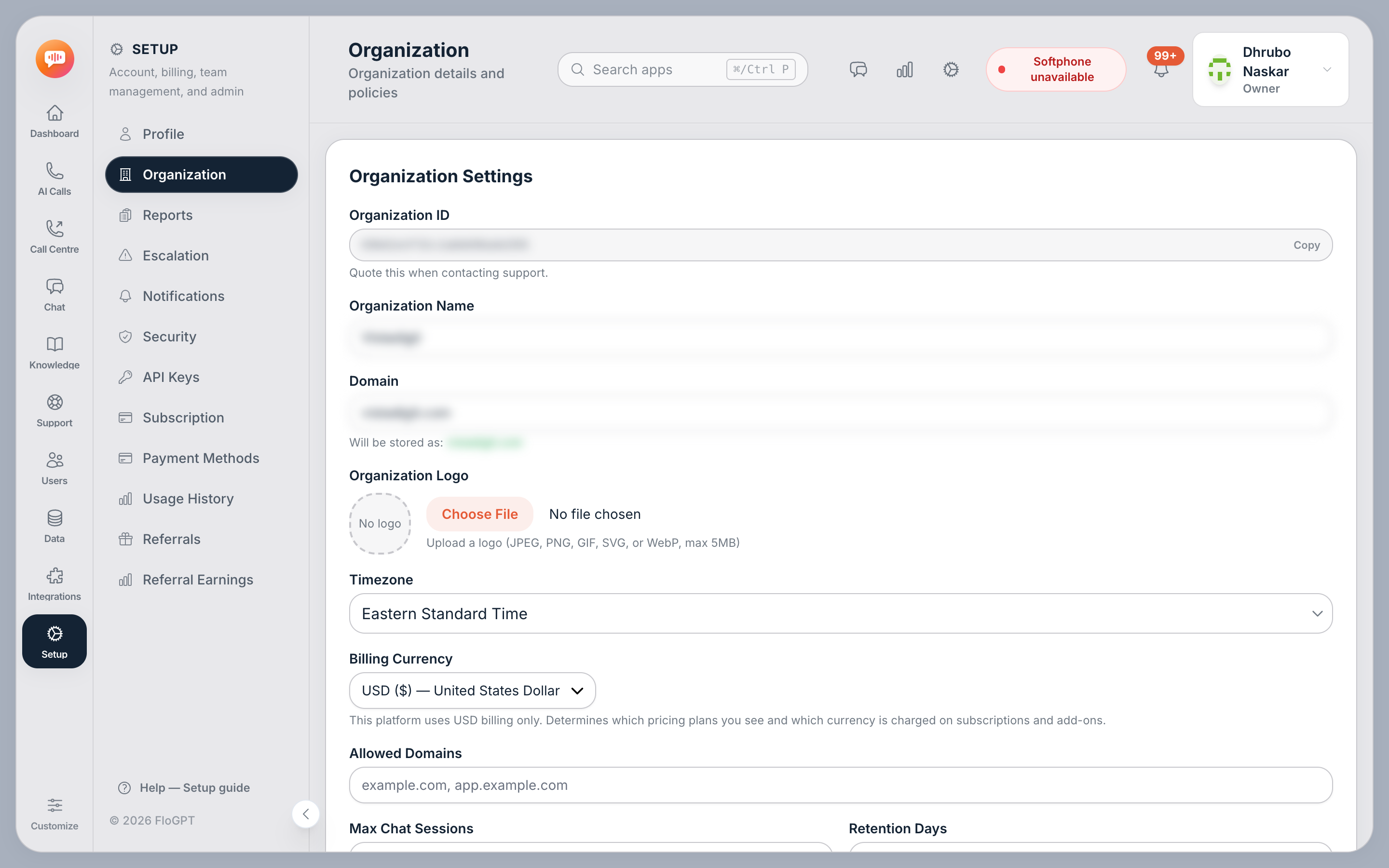 Setup → Organization. Timezone here drives report scheduling and the Call Centre analytics.