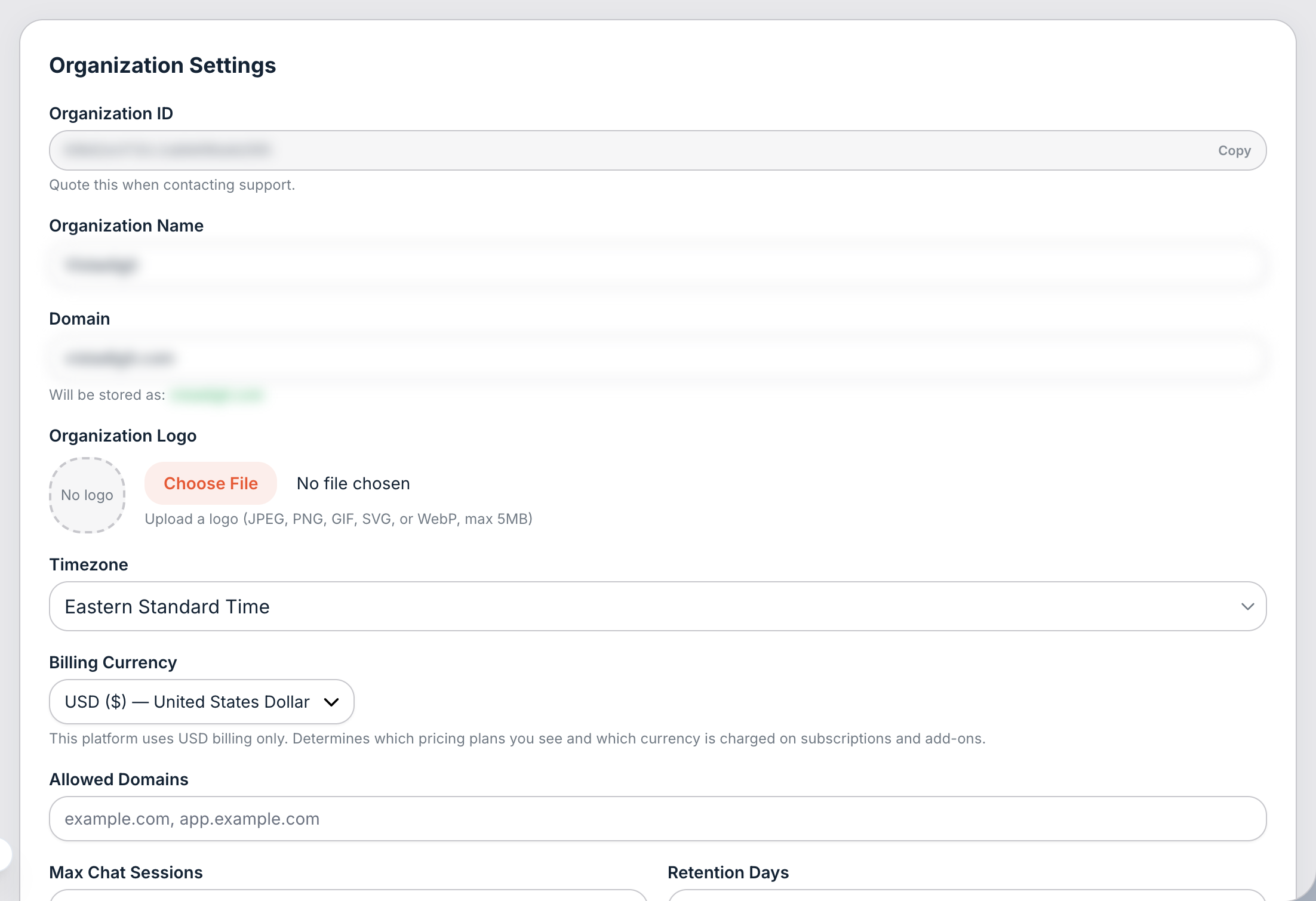 Organization settings. Name, Domain, and Timezone are the ones that matter on day one.