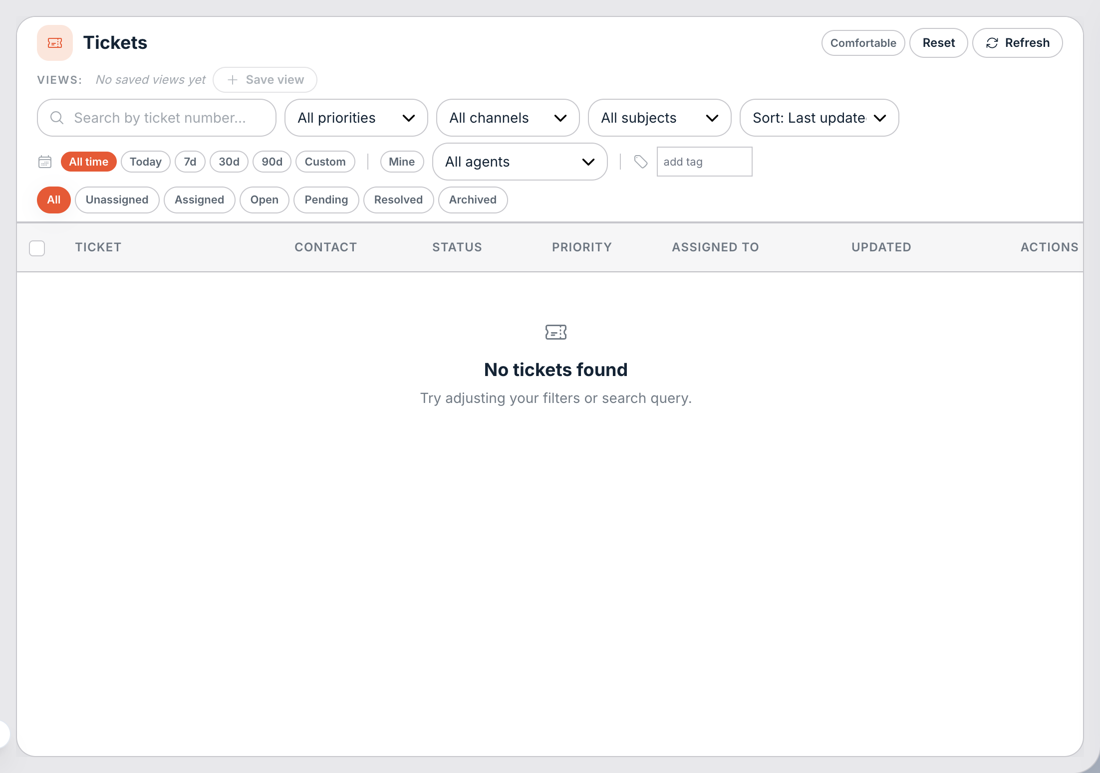 Tickets, filtered by status pill.